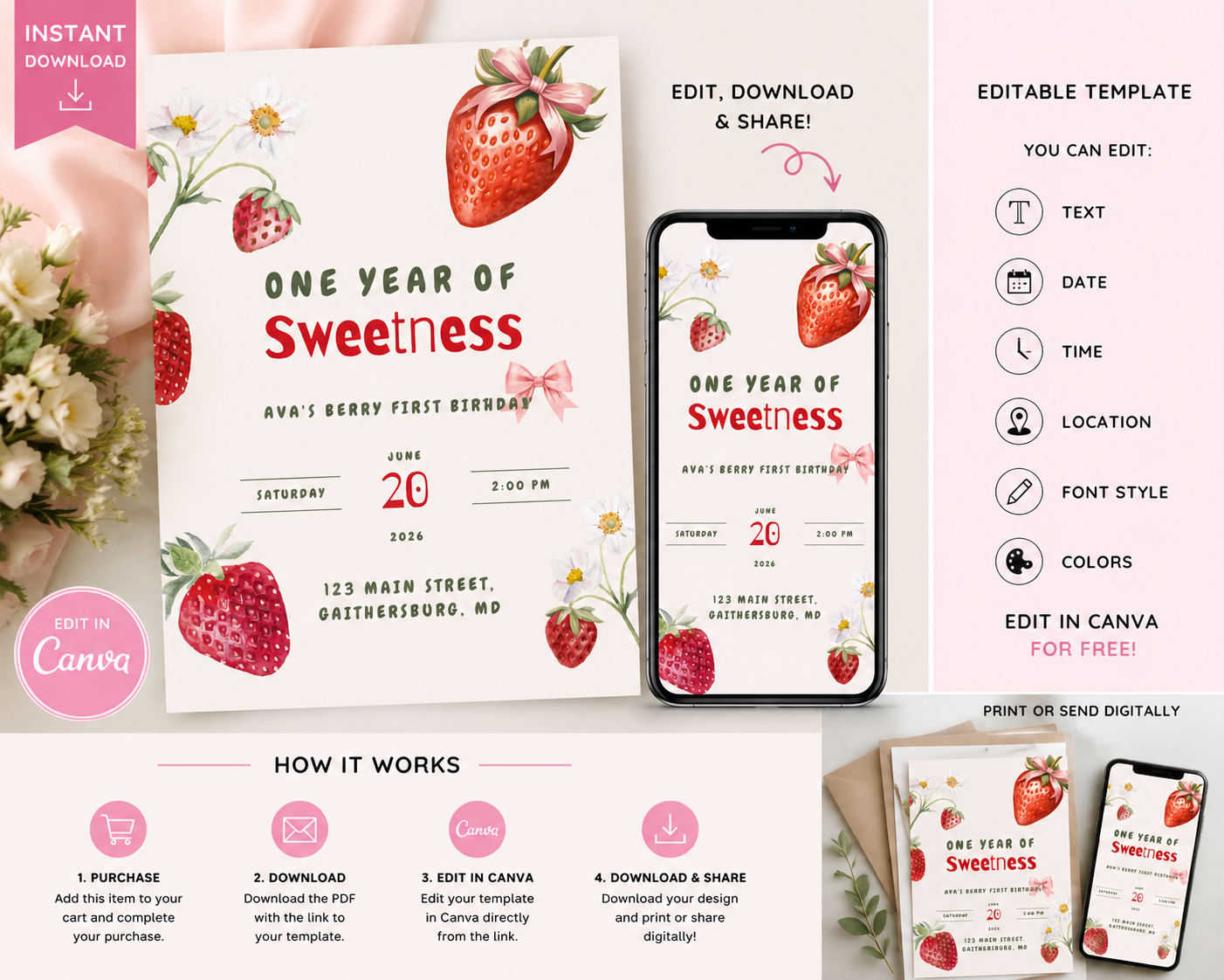 Editable 1st Birthday Invitation Template | Girl Birthday Invite | Canva Template | Digital Download